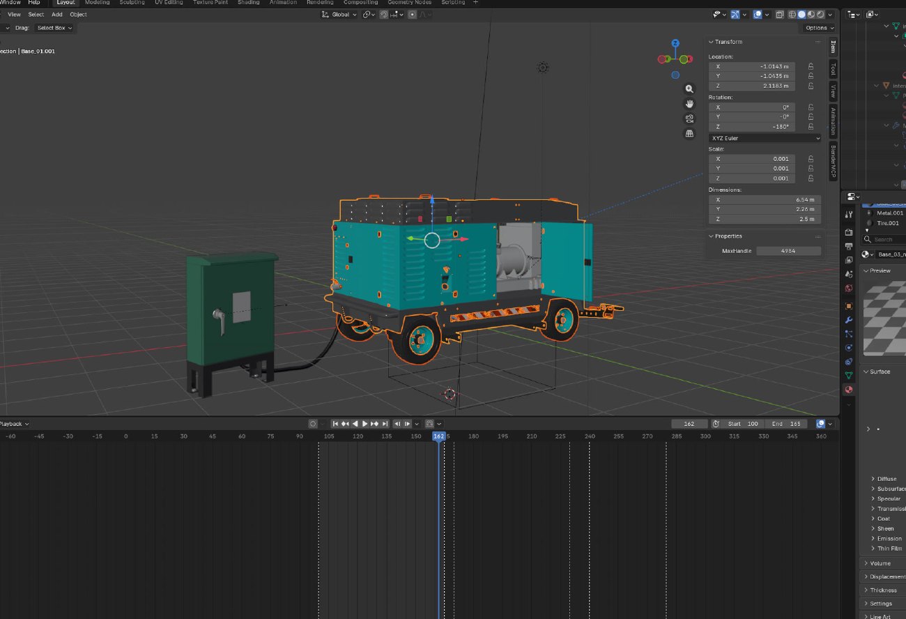 Blender scene showing the generator connected to the electrical switch box
